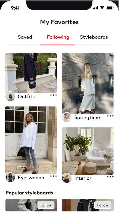 H&M app, My Favorites screen with the Following tab and popular styleboards