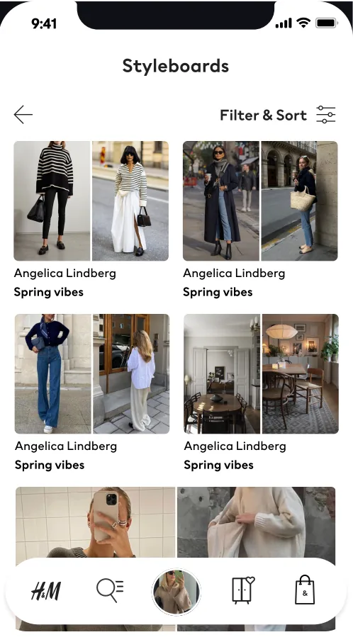H&M app, Styleboards screen with a grid of saved outfit boards