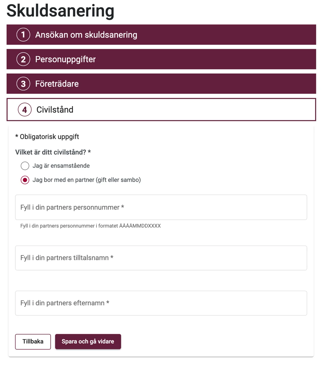 Debt restructuring form, marital status step, with fields for the partner's details