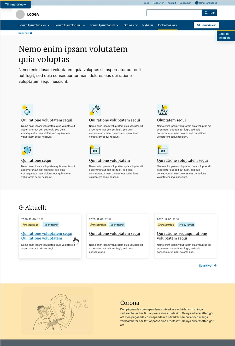 Landing page design for a Swedish government agency website
