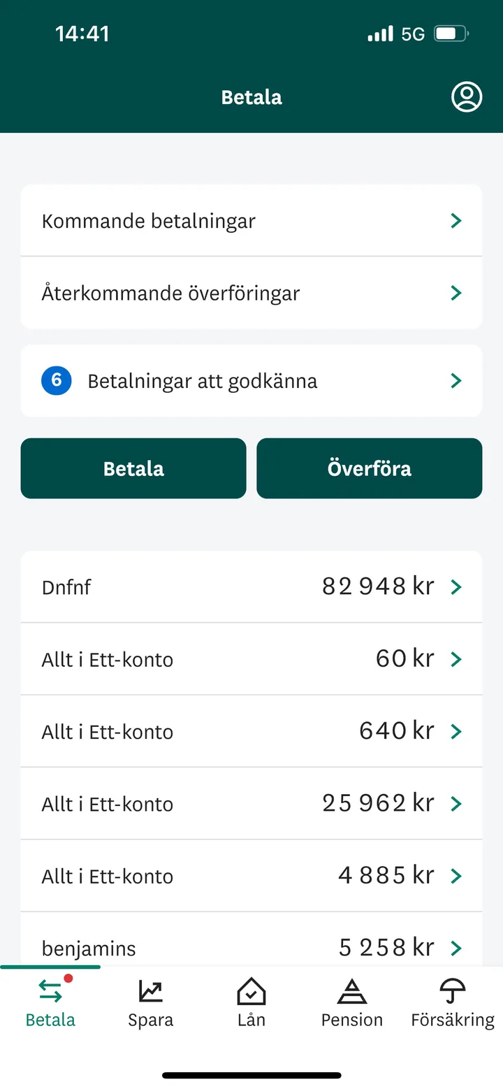 Skandia app, Pay tab, with upcoming payments and transfer buttons