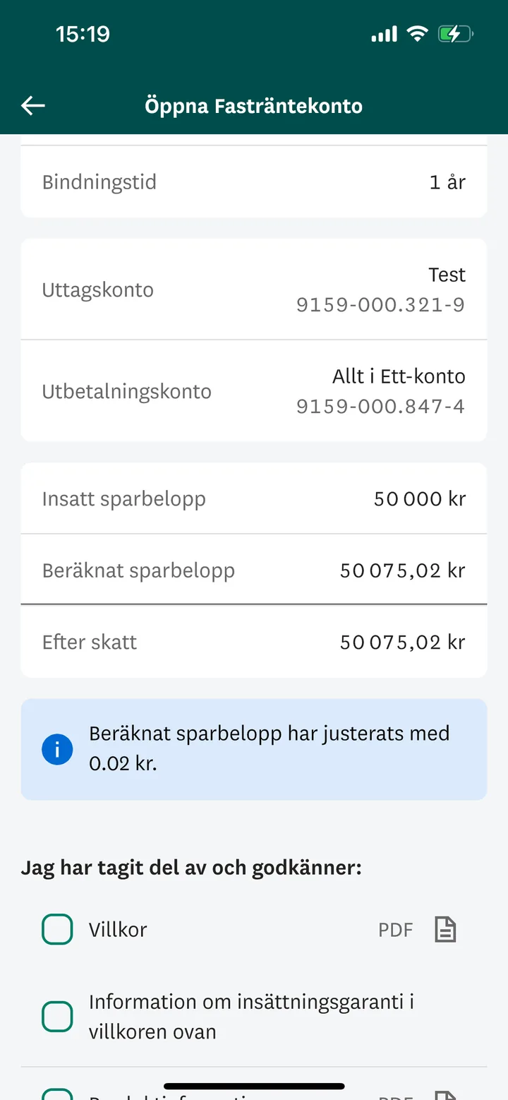 Skandia app screen for opening a fixed-rate account, with terms to accept