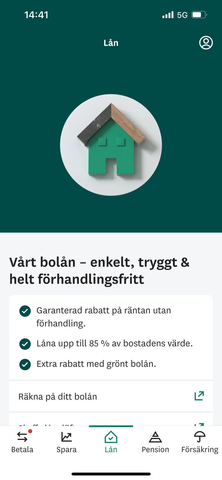 Skandia app, Loans tab, with a house illustration and mortgage benefits